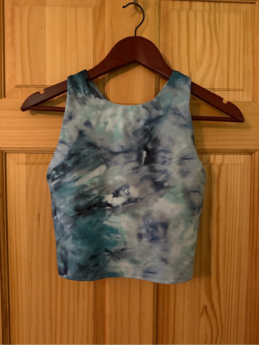 Athleta Blue Teal Marble-Print High Neck Crop Tank